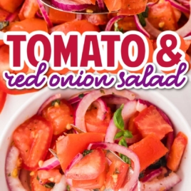 a bowl of Tomato and Onion Salad topped with basil