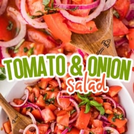 a bowl of Tomato and Onion Salad topped with basil and a large wooden spoon