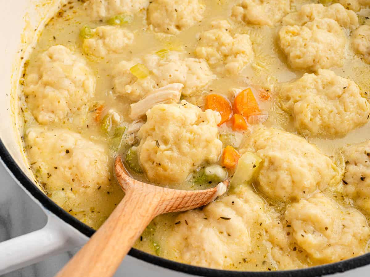 A close-up of a pot filled with Chicken and Dumplings, featuring tender chicken, fluffy dumplings, carrots, celery, and Italian seasoning in a savory broth. A wooden spoon scoops up a perfect bite of this comforting Chicken and Dumplings recipe—complete with dumpling, chicken, and vegetables.