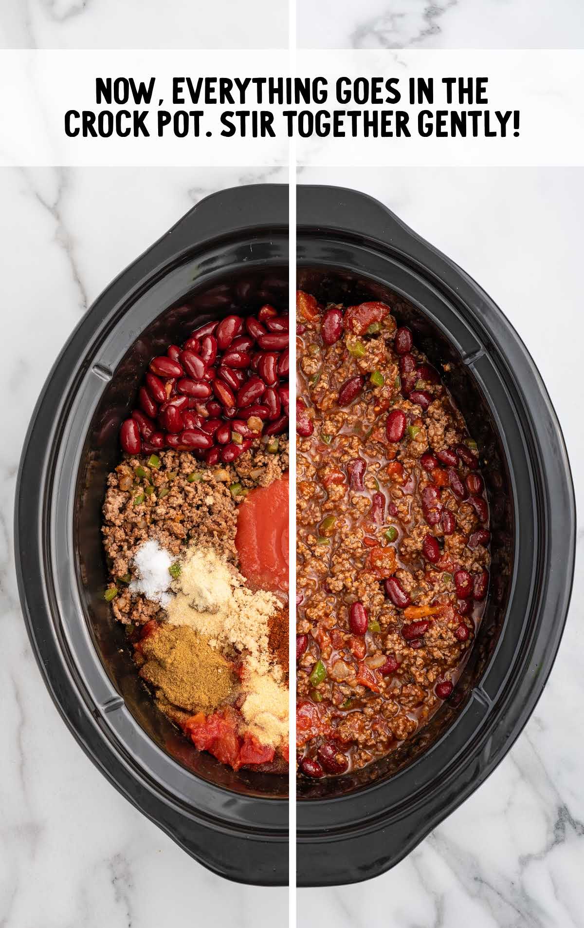 Before and after split image showing chili ingredients in the crockpot before mixing on the left and fully mixed chili on the right.
