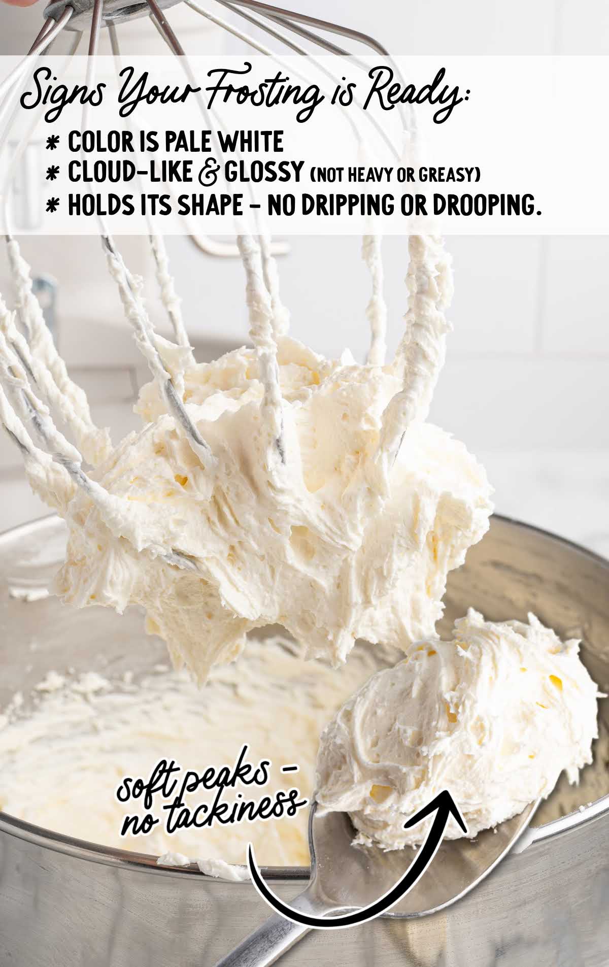 Signs marshmallow frosting is ready with soft peaks, glossy finish, and cloud-like texture
