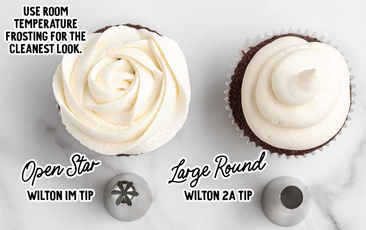 Chocolate cupcakes topped with marshmallow frosting showing piping styles using Wilton 1M open star tip and Wilton 2A large round tip