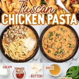 a skillet of Tuscan Chicken Pasta