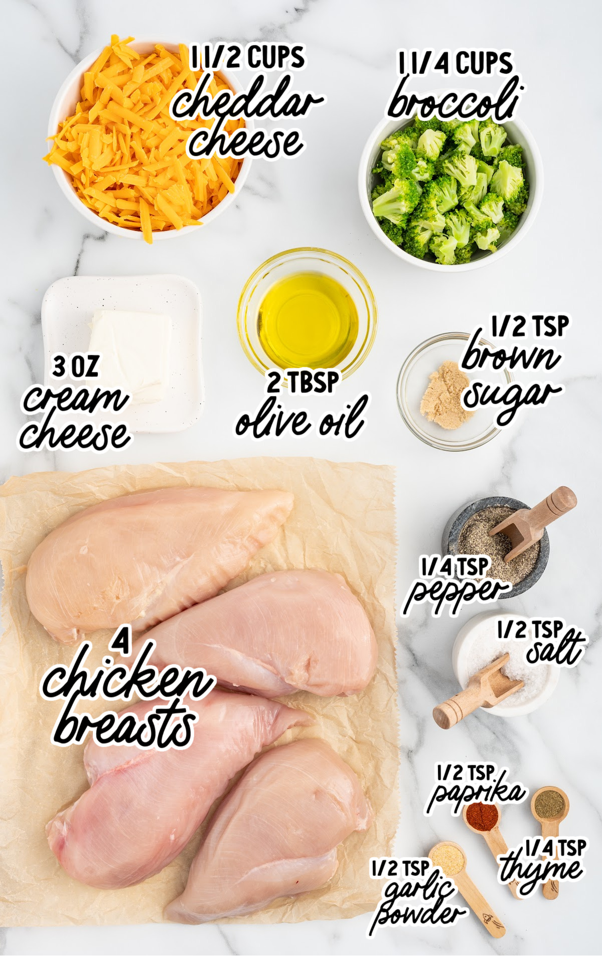 Ingredients needed to make Broccoli and Cheese Stuffed Chicken Breast.