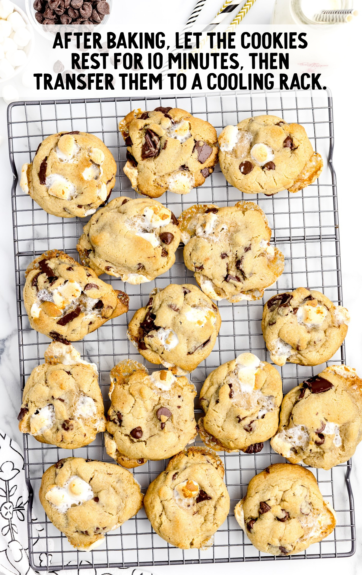 The marshmallow cookies are on a cooling rack.