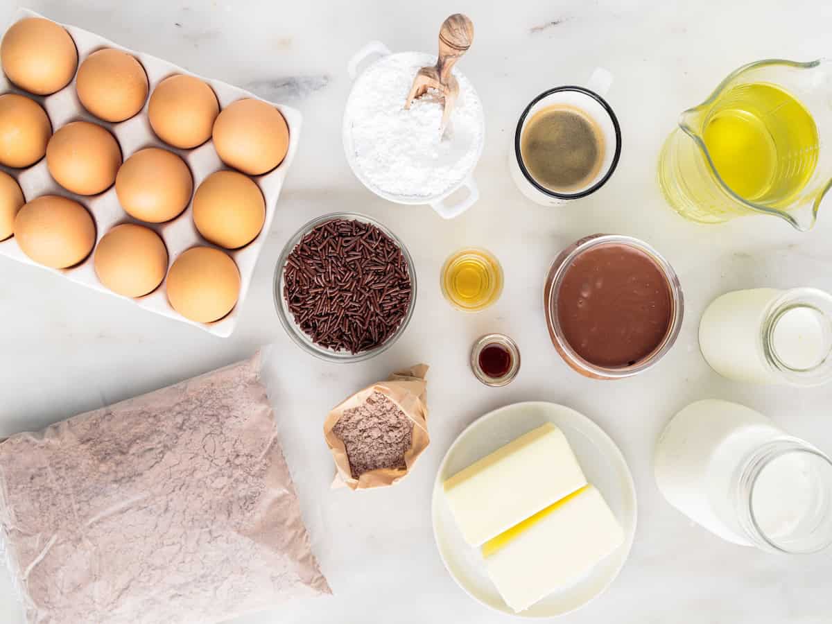 Baking ingredients on a marble surface: eggs, chocolate sprinkles, cocoa powder, butter, sugar, oil, milk, cream, chocolate mixture, vanilla, and coffee in bowls, cups, and jars—everything you need to create decadent Nutella Cupcakes—viewed from above.