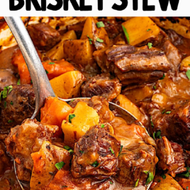 A close-up of Beef Brisket Stew with potatoes and carrots in a rich sauce. Bold text reads Easy Beef Brisket Stew and Vintage Recipe! above and below the image.