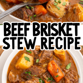 A hearty bowl of Beef Brisket Stew with tender chunks of beef, potatoes, and carrots in a rich brown broth, garnished with parsley. Text reads Beef Brisket Stew Recipe: Ultimate Comfort Food!.