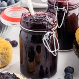 Spoonful of chunky blueberry butter being lifted from an open glass jar, showing a deep purple color, juicy blueberry pieces, and a rich, jammy texture with fresh blueberries blurred in the background.