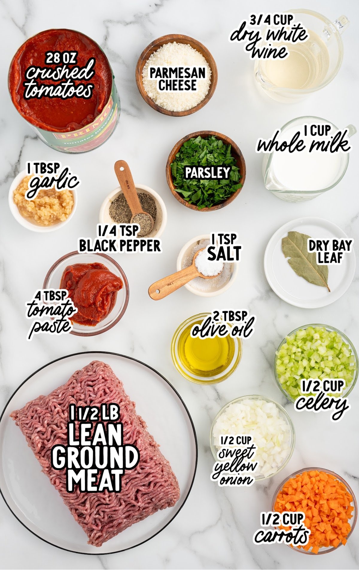 Bolognese raw ingredients that are labeled