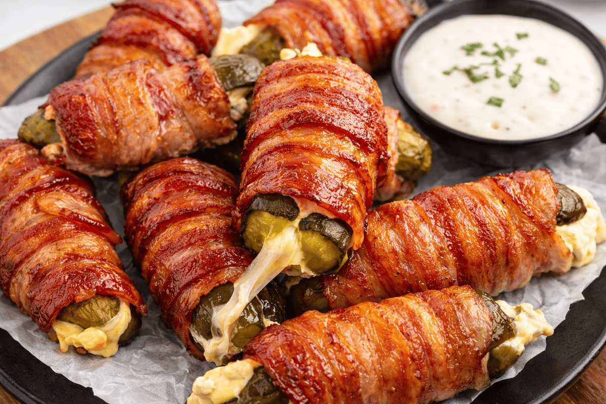 Bacon Wrapped Pickles stuffed with cheese are arranged on parchment paper, served with a bowl of creamy dipping sauce garnished with herbs.