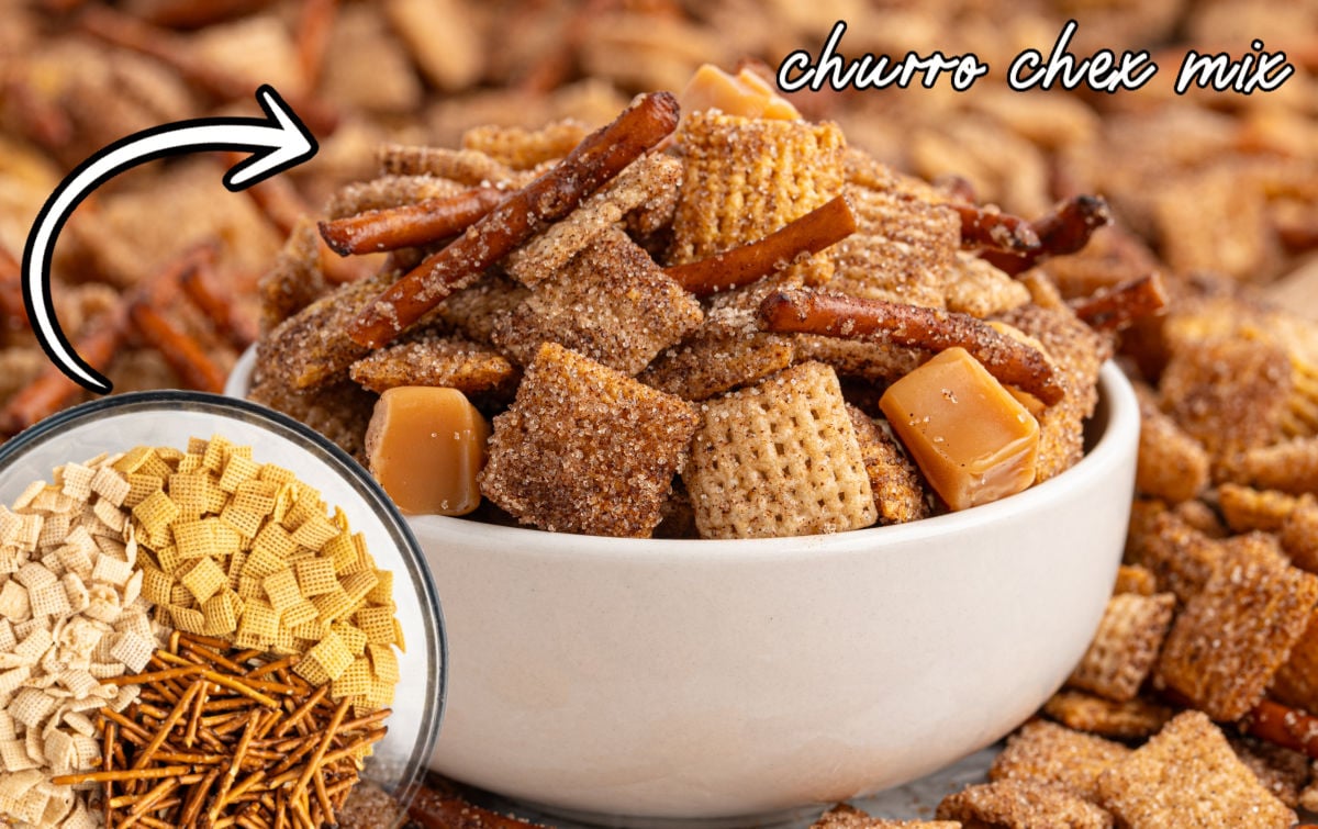 Bowl of Churro Chex Mix with pretzels, cereal squares, and caramel pieces coated in cinnamon sugar, with inset image of plain cereal and pretzels before baking.
