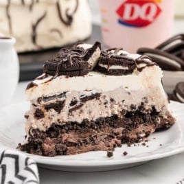 a slice of Dairy Queen Copycat Oreo Cookie Ice Cream Cake on a plate