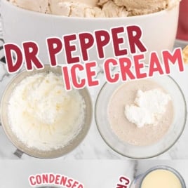 scoops of Dr. Pepper Ice Cream in a bowl and the ingredients