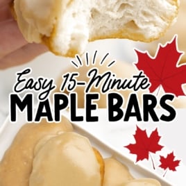 a serving plate of maple bars plus a maple bar with a big bite out of it.