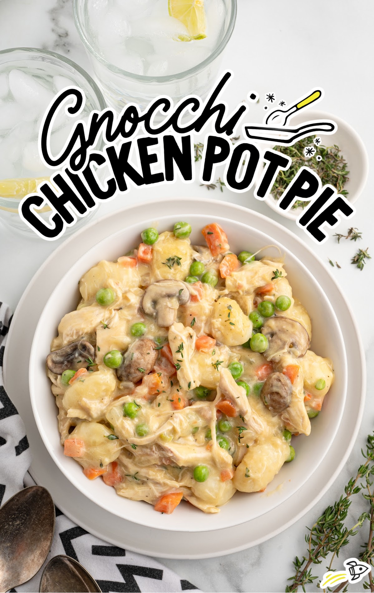 Gnocchi Chicken Pot Pie serving in a white bowl.