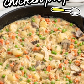 a skillet full of Gnocchi Chicken Pot Pie.