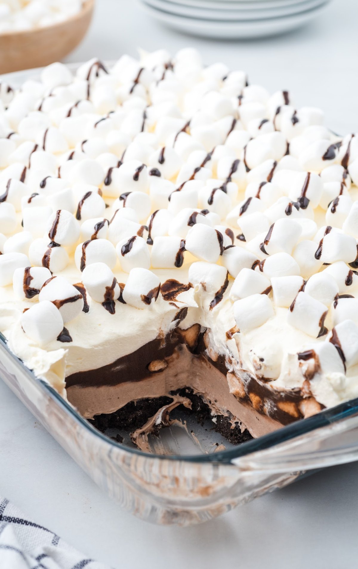 A Hot Cocoa Lasagna has a piece missing out of it.