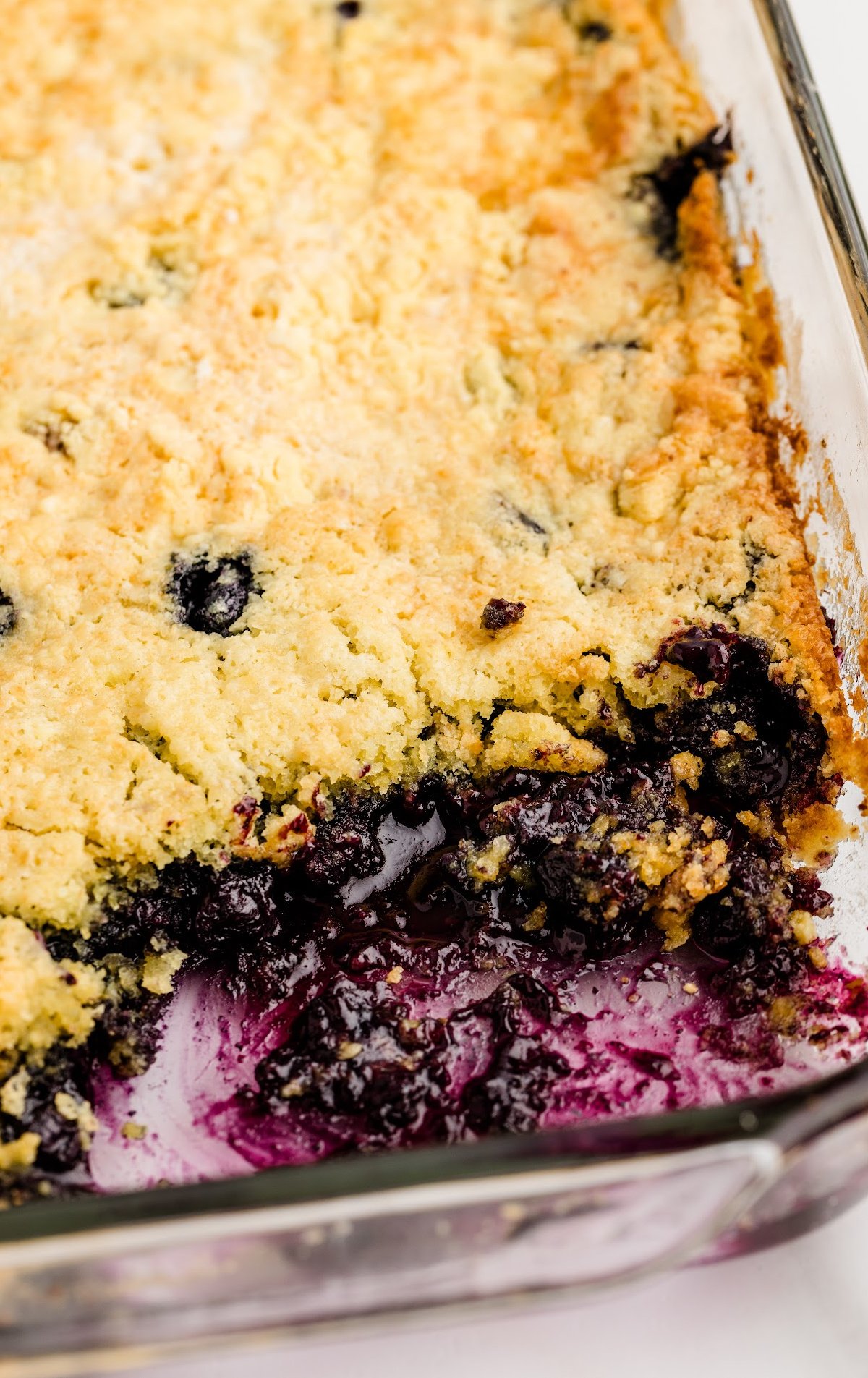 Lemon Blueberry Cobbler in a glass baking dish.