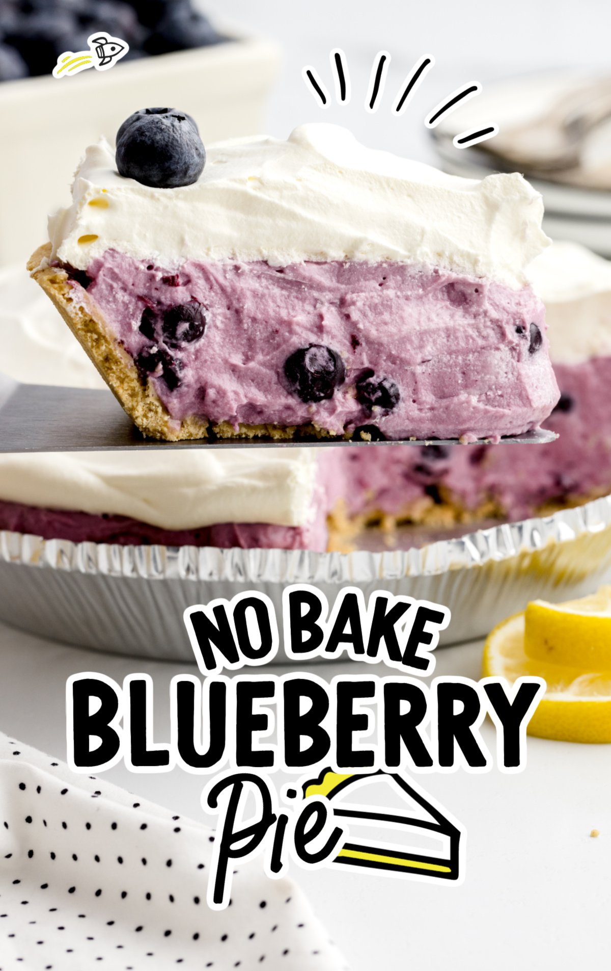 A slice of no bake blueberry pie on a pie lifter.