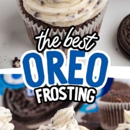 Close-up of chocolate cupcakes topped with swirled Oreo Frosting. Oreo cookies are visible in the background. Text overlay reads: the best Oreo Frosting, vintage recipe.