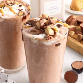 Glasses of frozen peanut butter hot chocolate