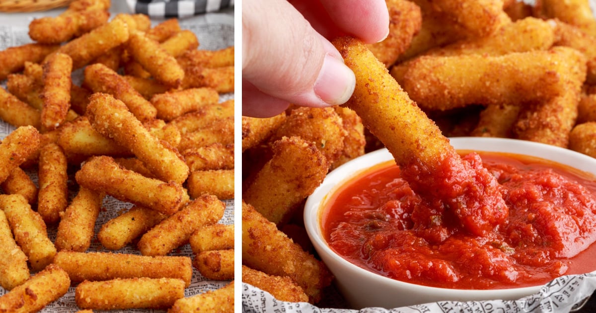 A bunch of Stuffed Ziti Fritta and then a person dipping a ziti into tomato sauce.