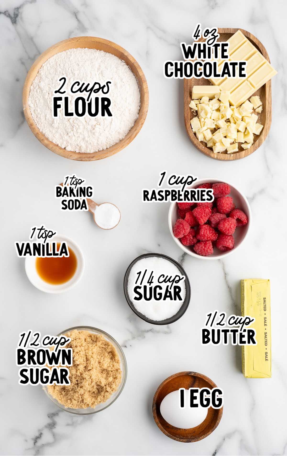 Labeled ingredient layout for white chocolate raspberry cookies including flour, sugars, raspberries, and white chocolate.