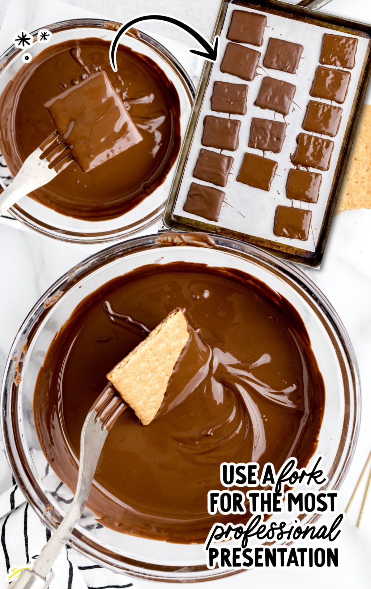 Graham cracker squares being dipped into melted chocolate using a fork, with freshly coated pieces setting on a parchment-lined baking sheet. The fork helps lift the crackers cleanly for a smooth, professional chocolate coating.