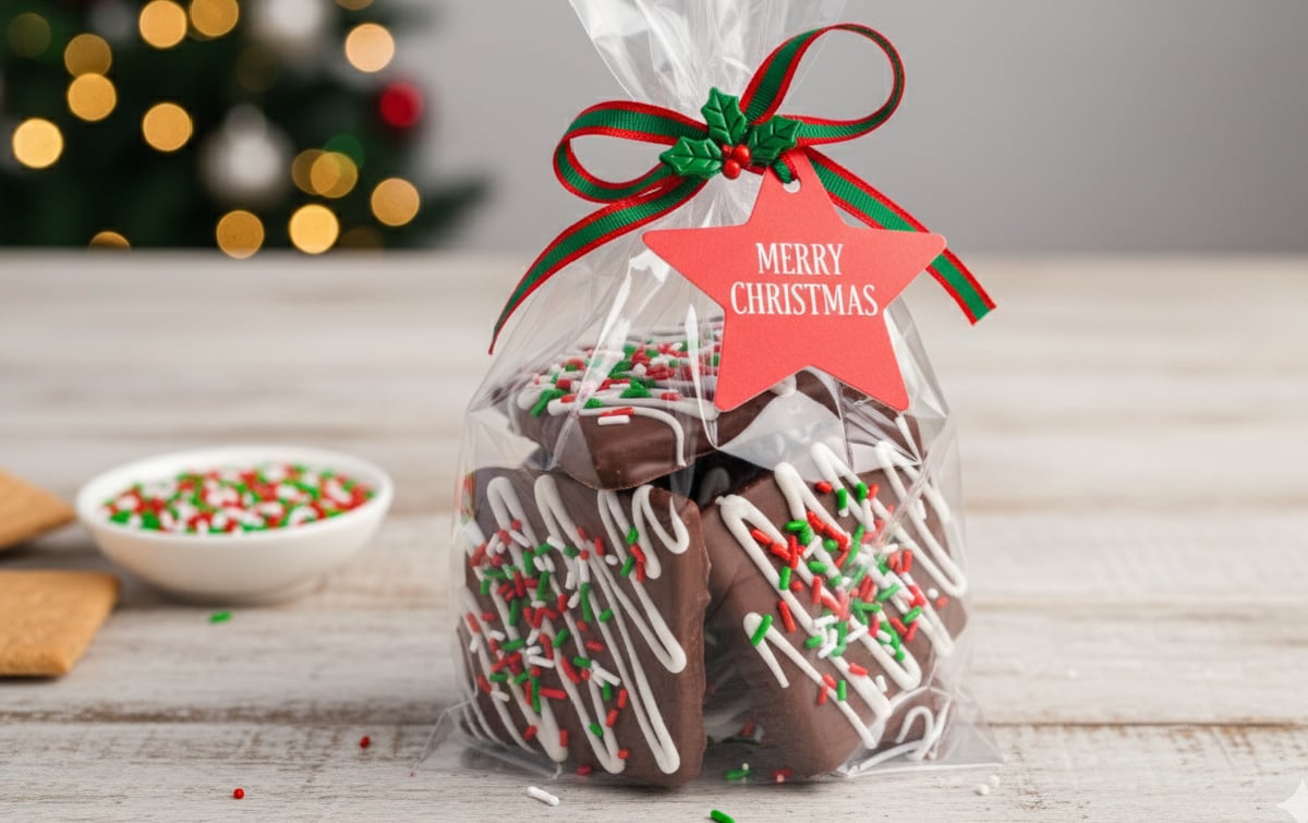 A clear cellophane gift bag filled with chocolate-covered graham crackers, which are decorated with a white chocolate drizzle and red, green, and white Christmas sprinkles. The bag is tied with a red and green ribbon and a star-shaped "Merry Christmas" tag. It sits on a wooden surface with a bowl of sprinkles and a softly lit Christmas tree in the background.