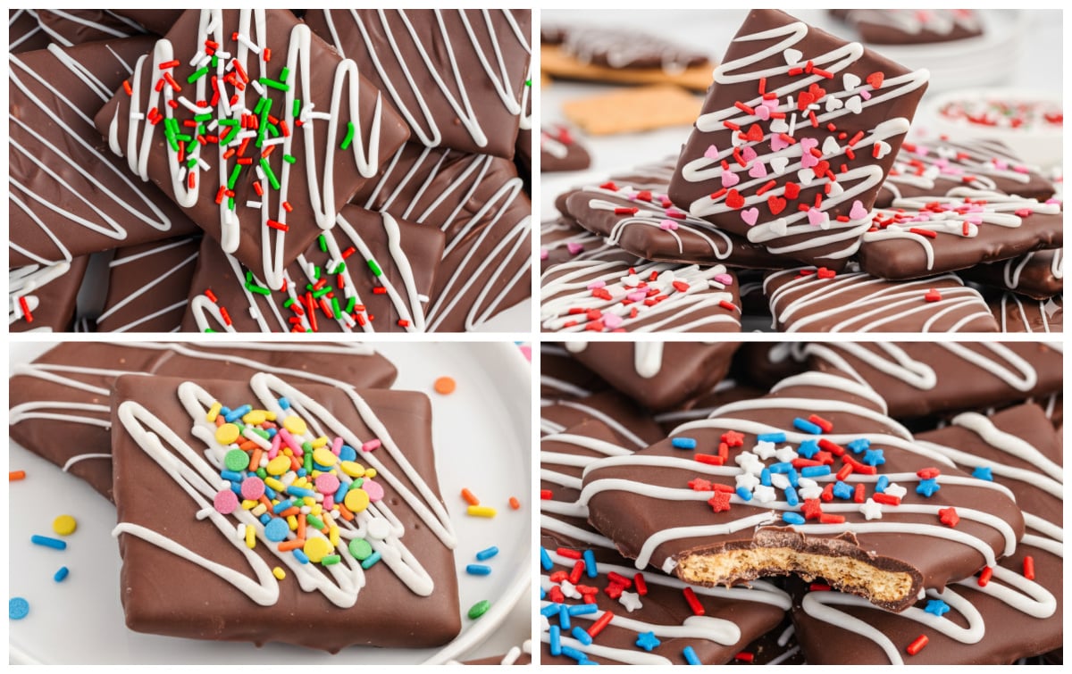 A four-panel collage showcasing chocolate-covered graham crackers decorated for various occasions. Each cracker is drizzled with white chocolate and topped with different sprinkles:
Top left: Red, green, and white Christmas sprinkles.
Top right: Pink, red, and white heart-shaped Valentine's sprinkles.
Bottom left: Colorful rainbow birthday sprinkles.
Bottom right: Patriotic red, white, and blue sprinkles, with one cracker broken to reveal the graham cracker interior.