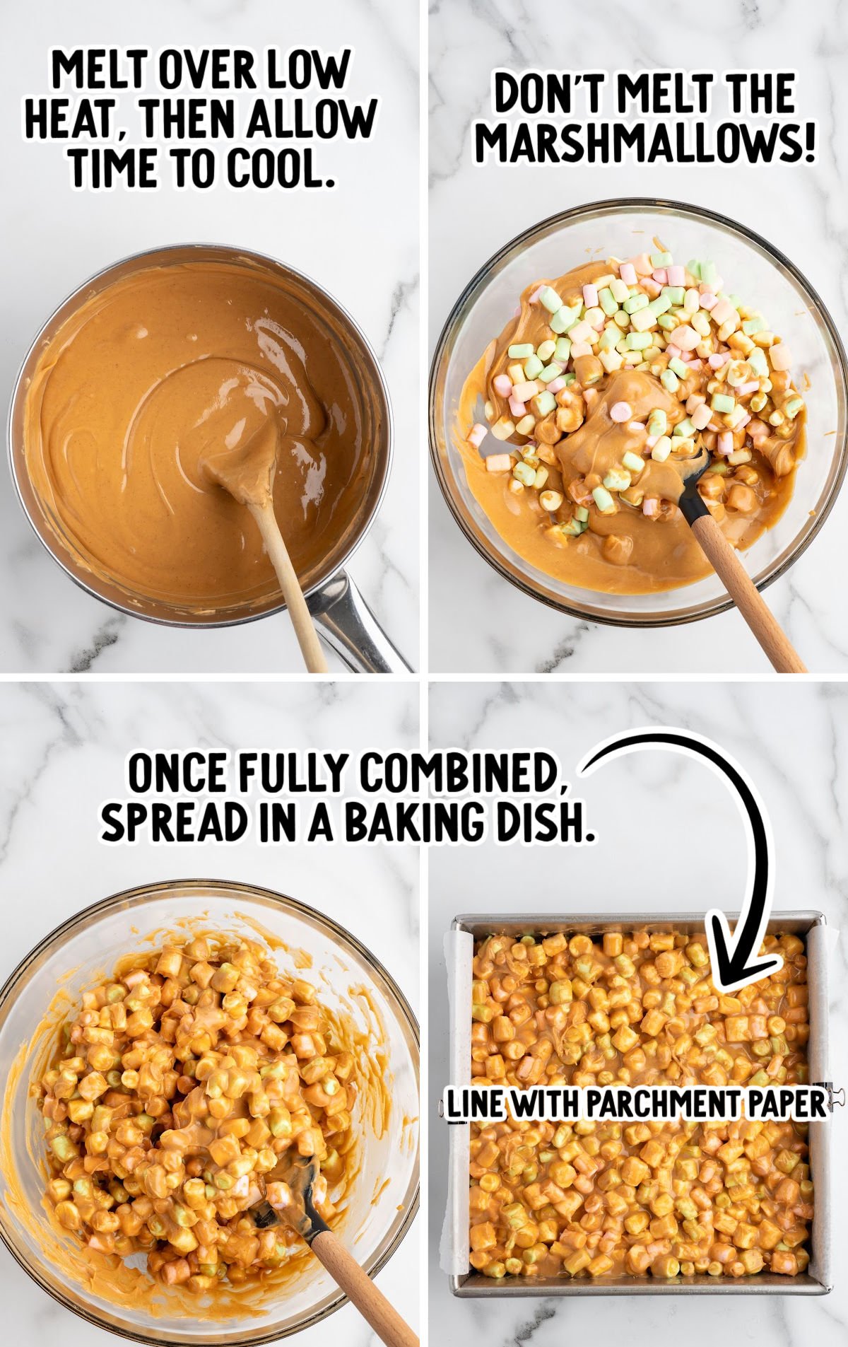 Step-by-step process for making Marshmallow Peanut Butter Squares: melted peanut butter, butter, and butterscotch mixture shown smooth in a saucepan; cooled mixture being poured over colorful mini marshmallows; mixture folded together until evenly coated; final mixture spread into a parchment-lined baking pan.