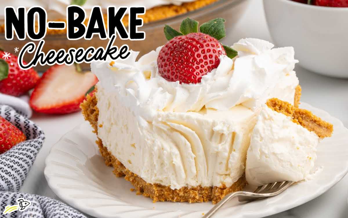 Close-up of a slice of no bake cheesecake showing thick, creamy filling and graham cracker crust