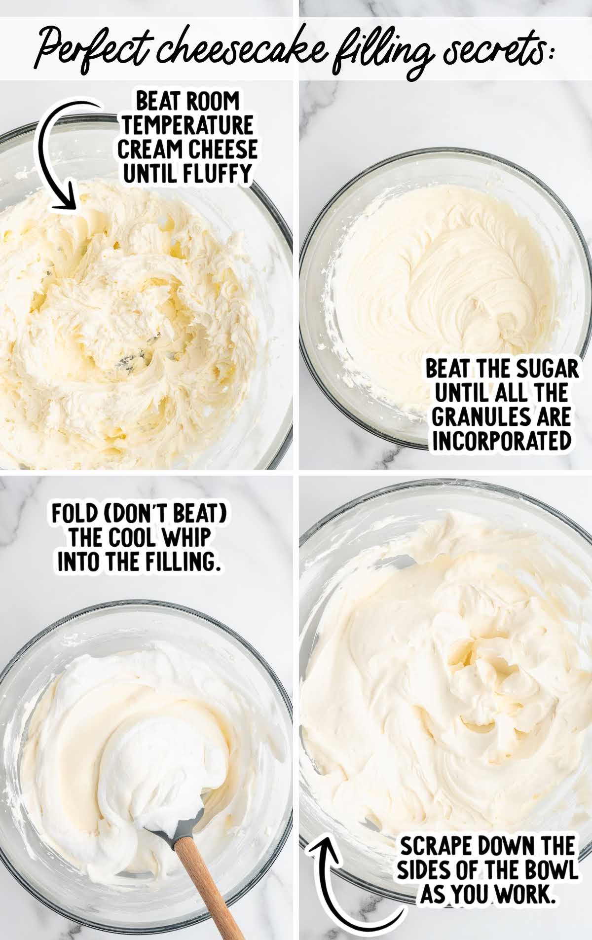 Step-by-step collage showing cream cheese beaten smooth and Cool Whip folded into no bake cheesecake filling