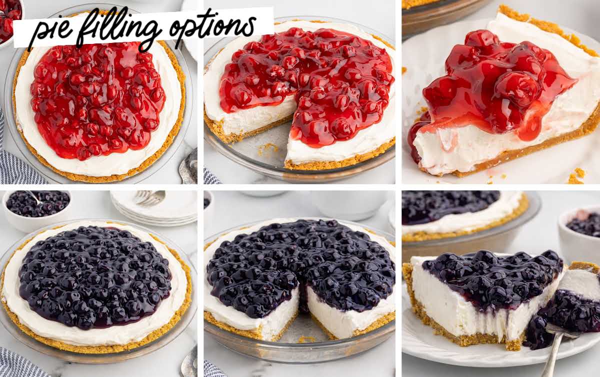 No bake cheesecake topped with cherry pie filling and blueberry pie filling shown as topping variations