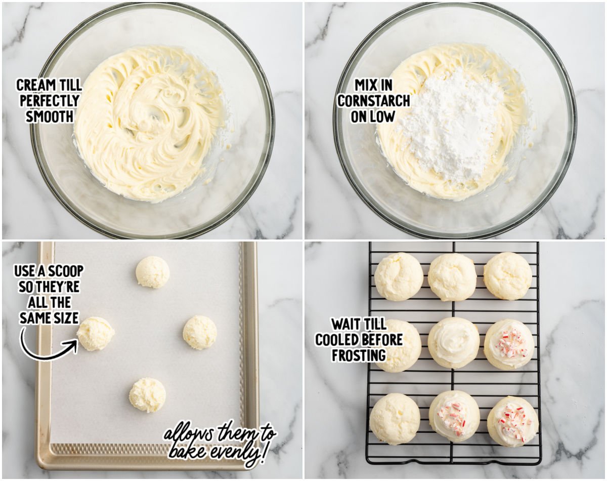 Step-by-step photos showing smooth creamed dough, cornstarch added, scooped portions on a baking sheet, and cooled cookies being frosted with crushed peppermint.