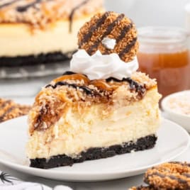 A decadent slice of Samoa Cheesecake with an Oreo crust, topped with whipped cream, caramel, toasted coconut, chocolate drizzle, and a cookie, sits on a white plate. A jar of caramel and coffee cup are visible in the background.