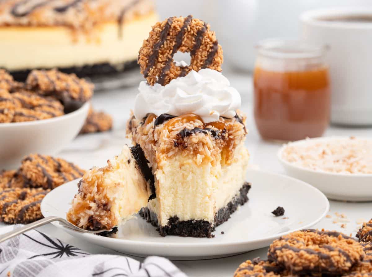 A slice of Samoa Cheesecake with a chocolate cookie crust, topped with whipped cream, caramel, toasted coconut, and a chocolate-drizzled cookie, sits on a white plate with a forkful cut out.
