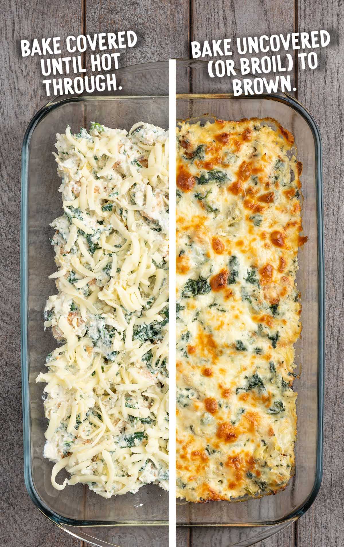 Spinach and artichoke chicken casserole before and after baking in a glass dish, showing melted and browned cheese on top.
