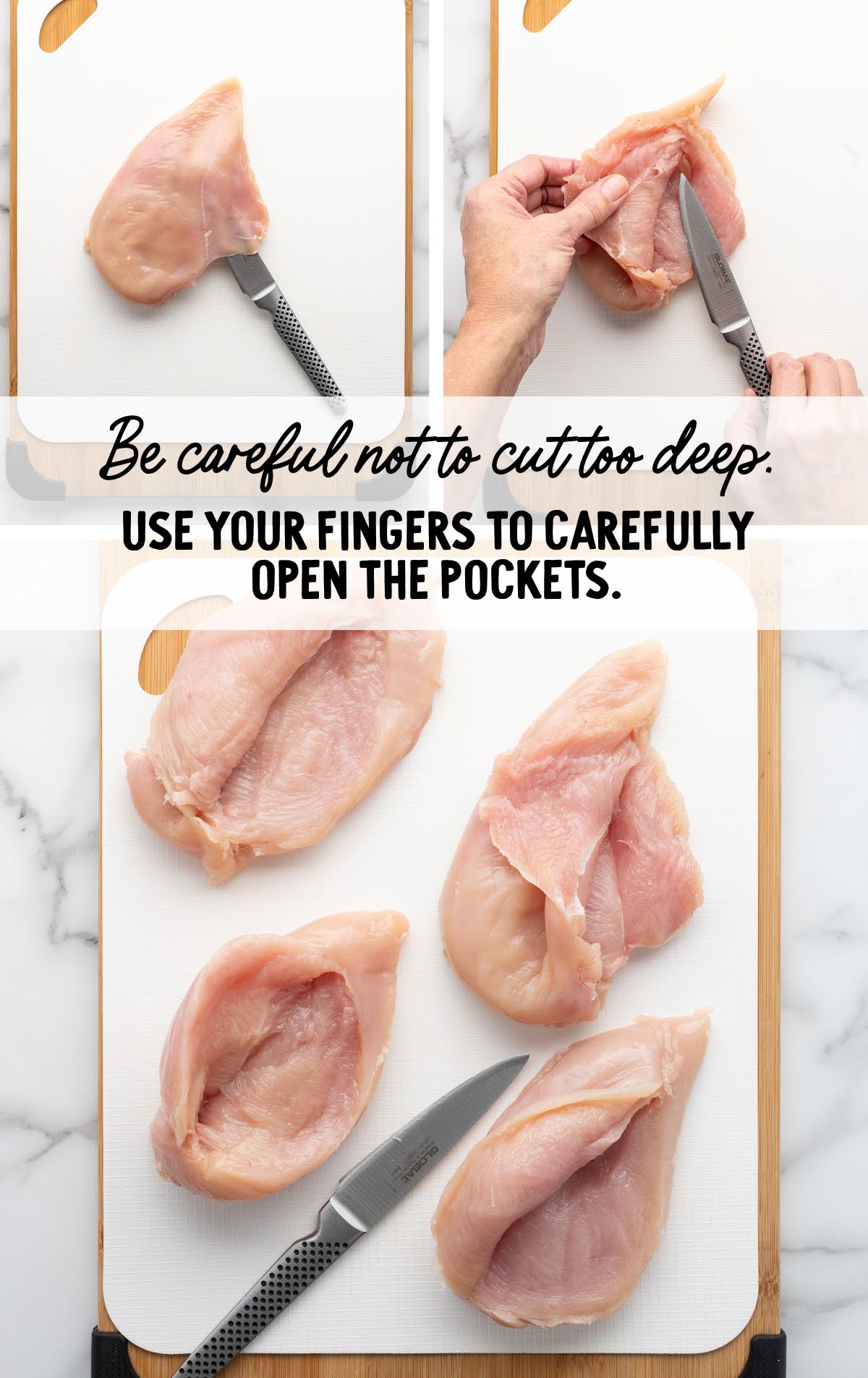 Step-by-step photo showing how to cut pockets into raw chicken breasts using a paring knife, with instructional text overlay “Be careful not to cut too deep. Use your fingers to carefully open the pockets.”