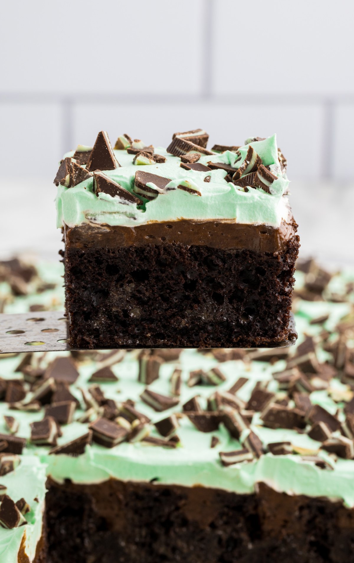 A slice of cake is lifted from the cake pan on a spatula.