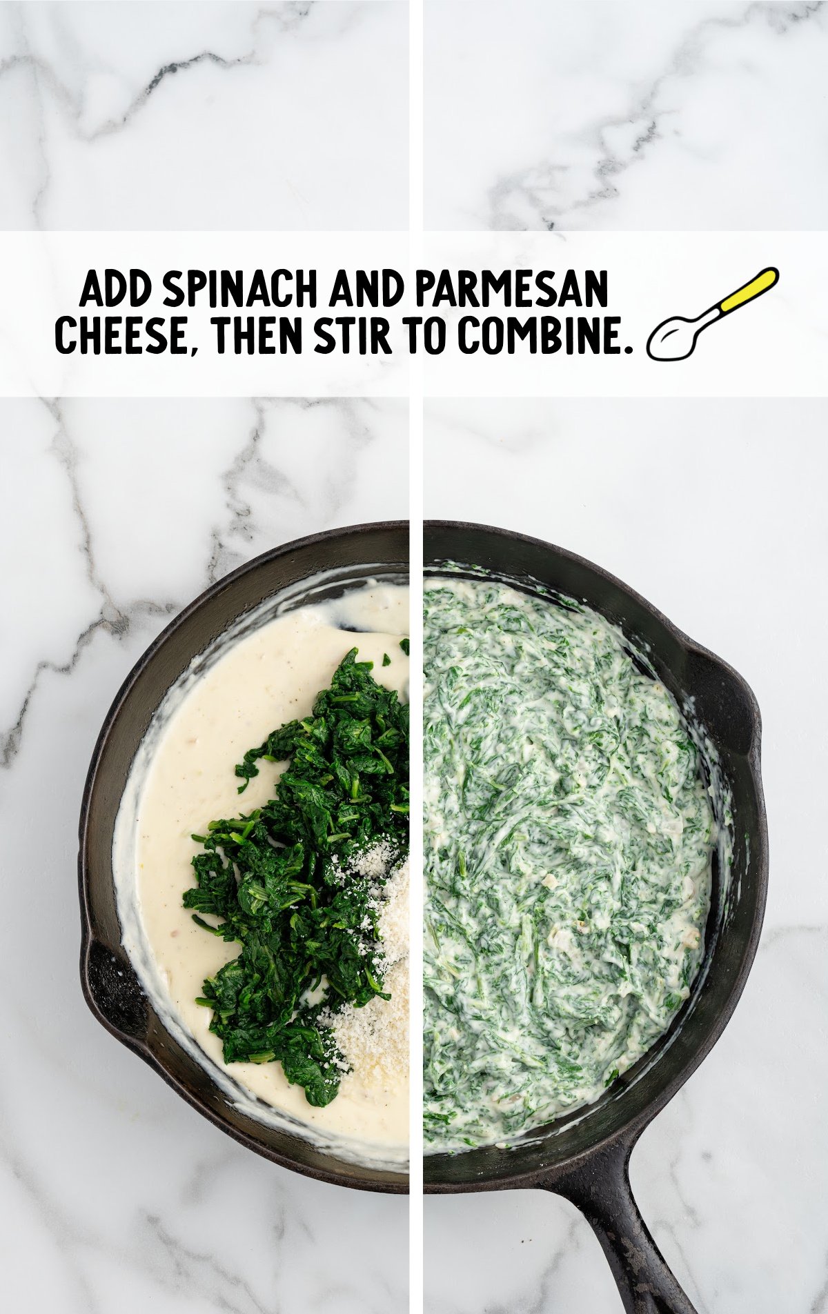 spinach and parmesan cheese added to the skillet