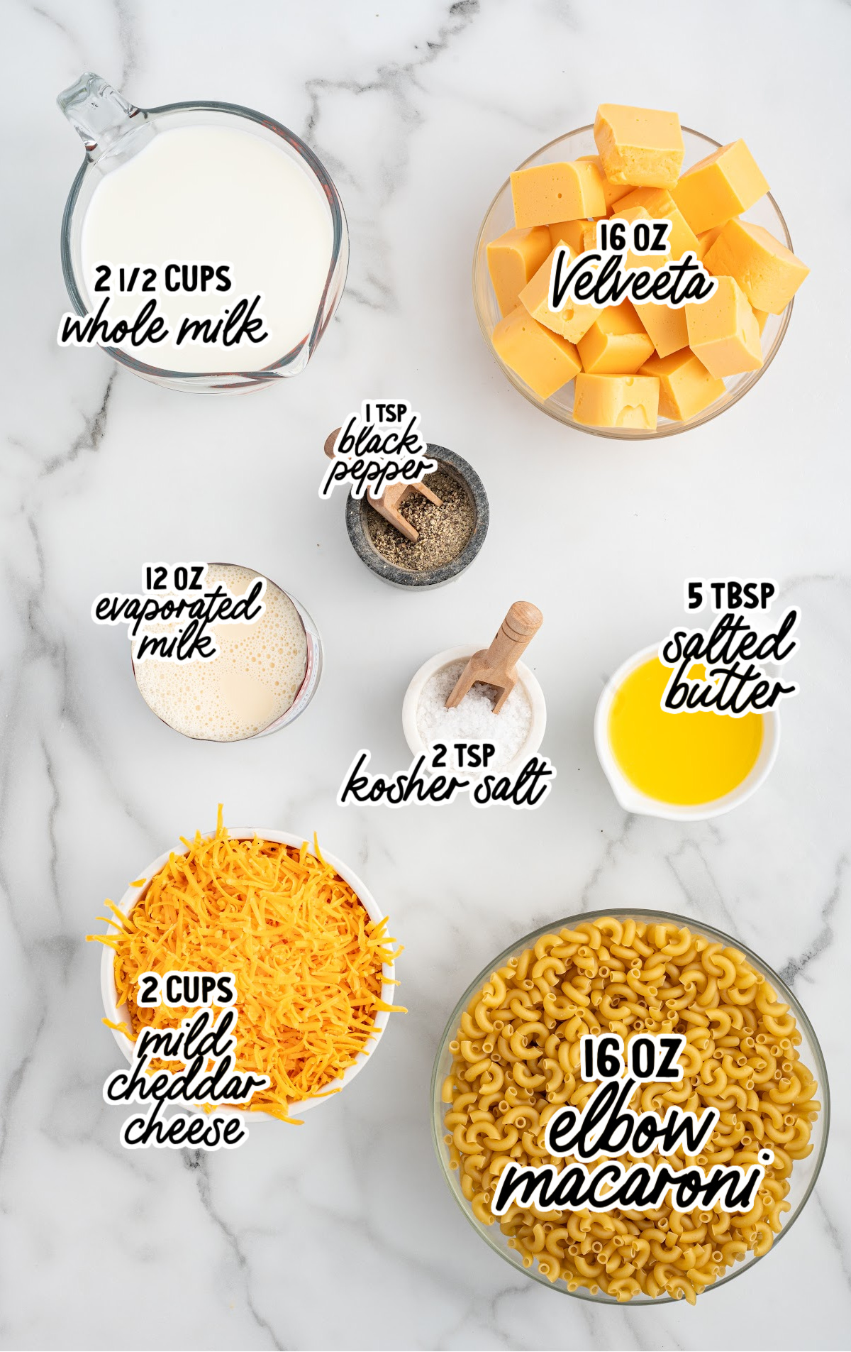 crockpot of velveeta mac and cheese raw ingredients that are labeled