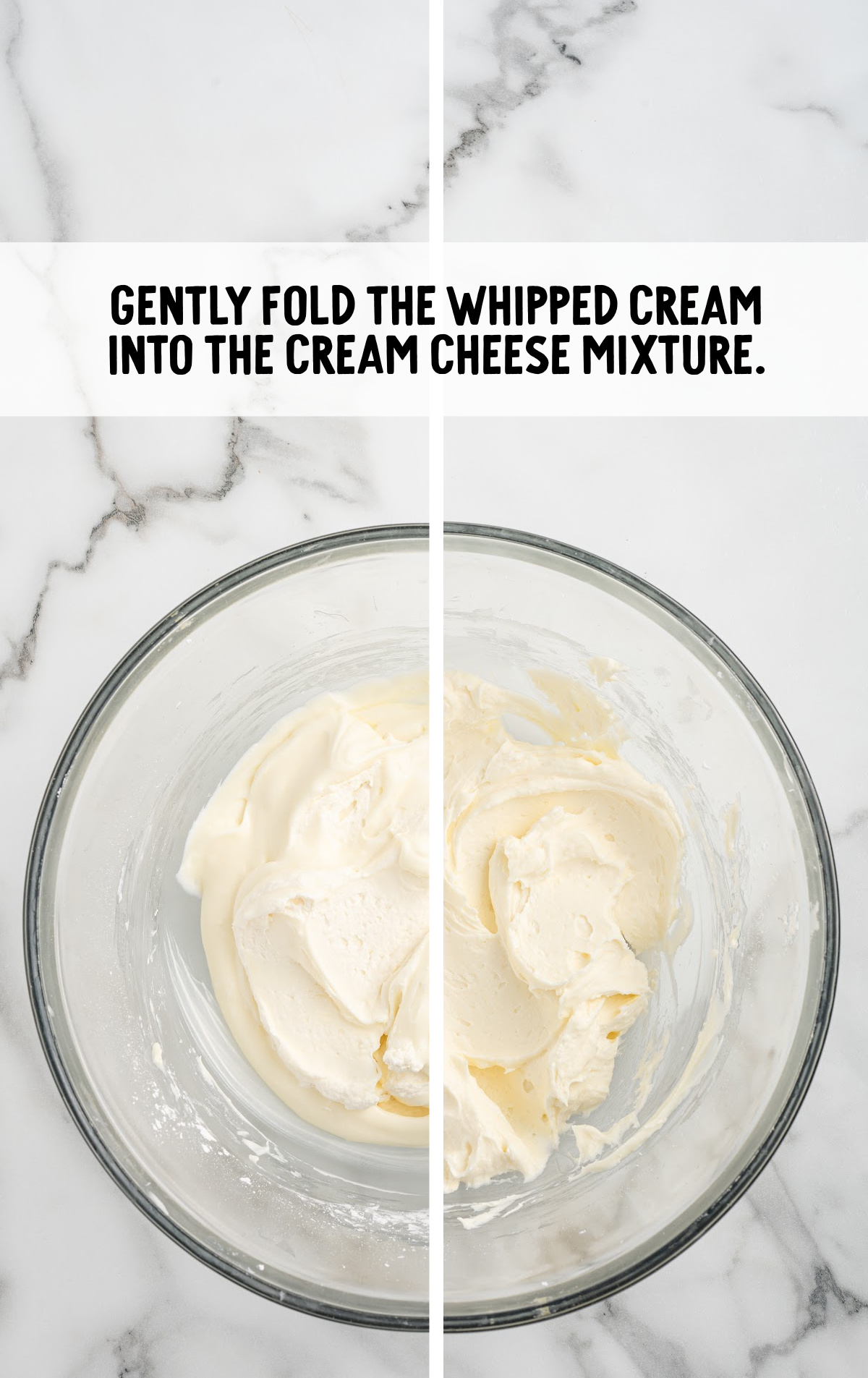 whipped cream folded into the cream cheese filling in a bowl