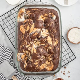 An overhead shot of an Earthquake Cake in a cake pan.