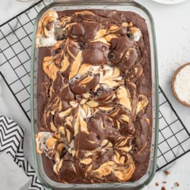 Earthquake Cake in a glass baking dish.