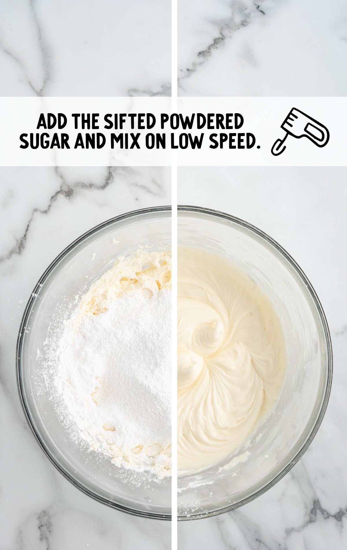 shifted powdered sugar added to the cream cheese mixture in the bowl