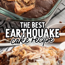 Earthquake Cake in a baking dish and a slice of Earthquake Cake on a plate