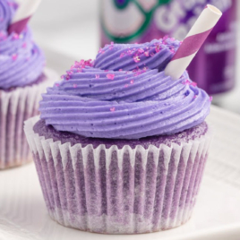 close up shot of frosted Grape Soda Cupcakes