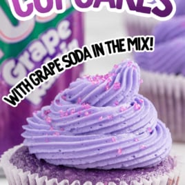 close up shot of frosted Grape Soda Cupcakes